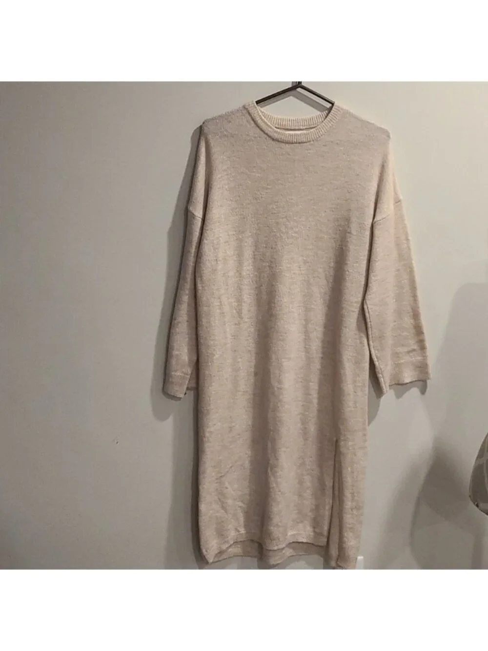 Oak and Fort cream crew neck sweater dress with side slit
